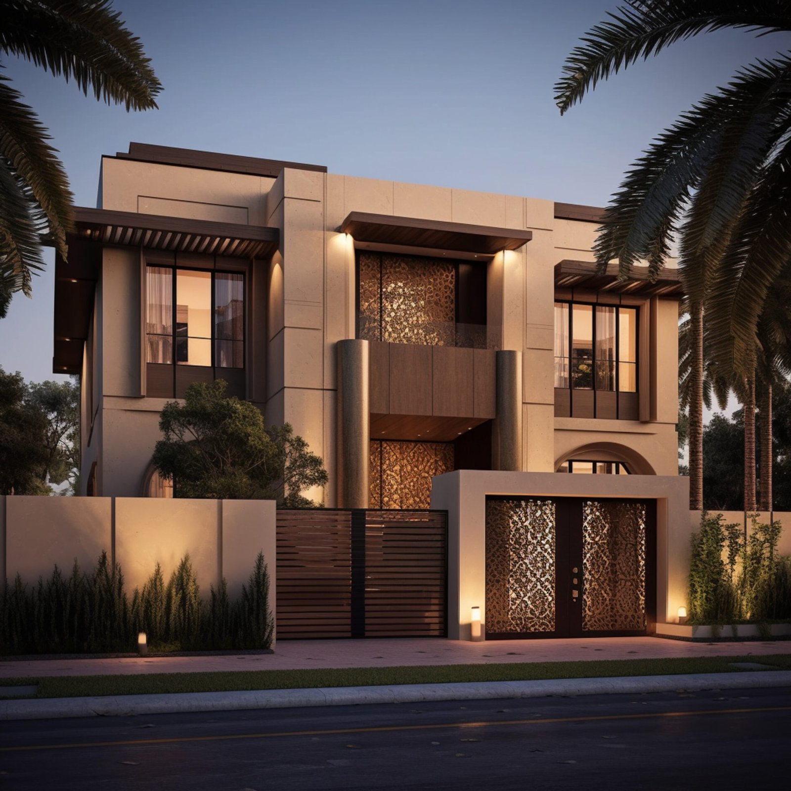 arafed modern house with a palm tree and a street light. generative ai.