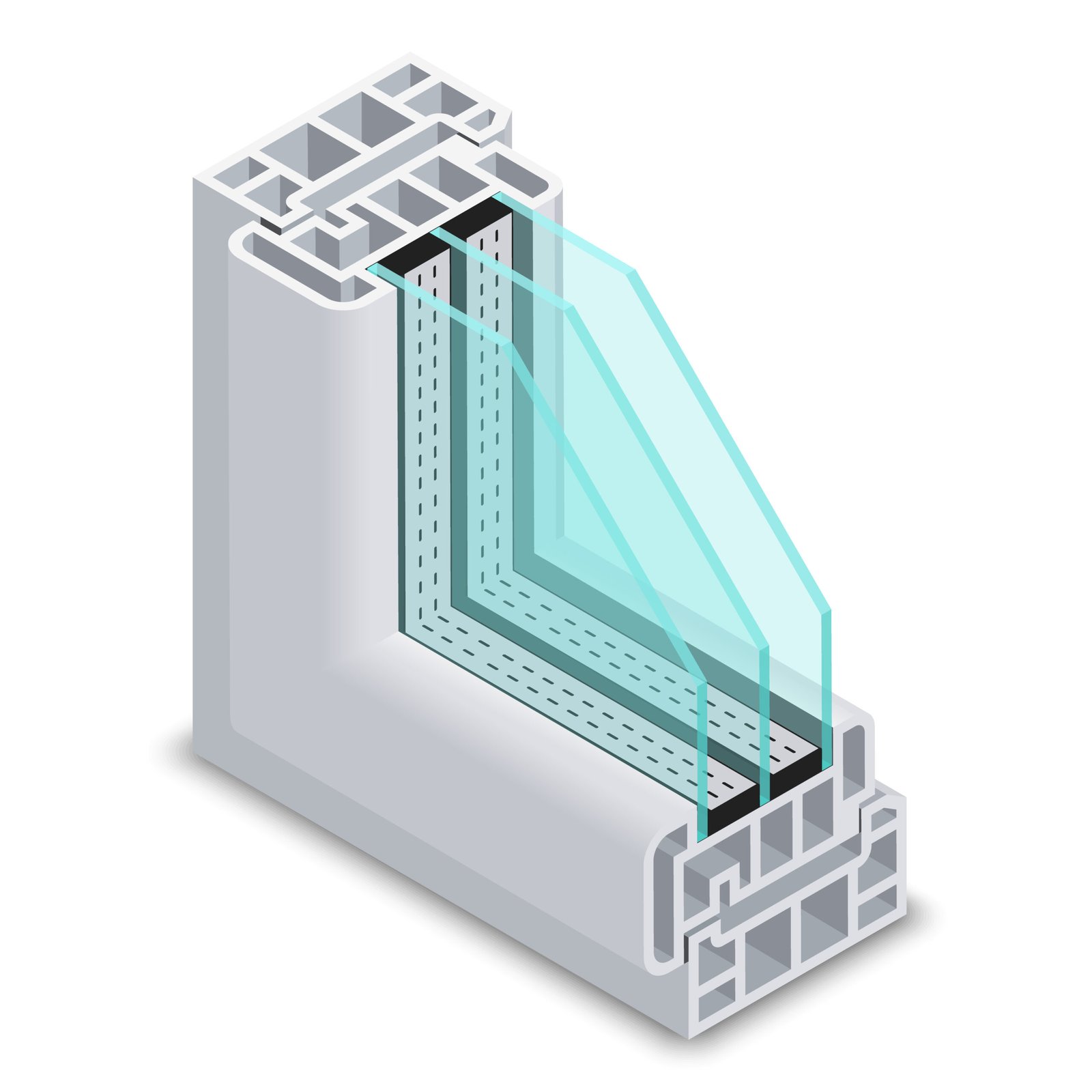 Energy efficient window cross section vector illustration. Plastic profile energy saving window, structure corner window